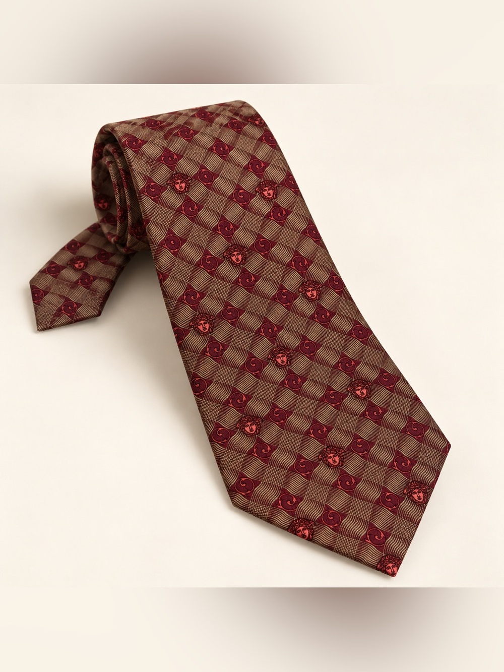 Vintage Gianni Versace Tie Burgundy Gold Medusa Geometric Print 55" Italy